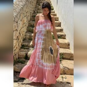de mil amores Boho Tie-Dye Strapless Maxi Dress with conchas, Pink, One Size